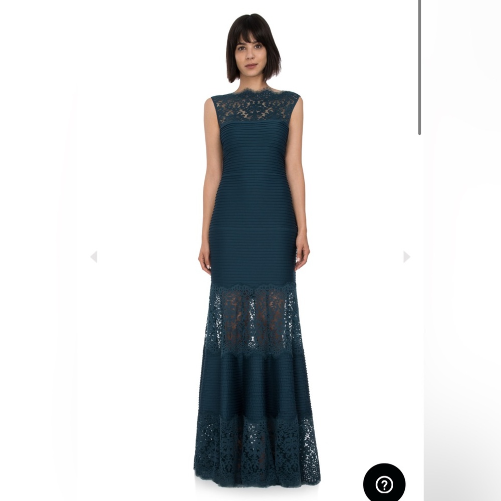 Tadashi Shoji Pintuck Jersey Boatneck Illusion Gown